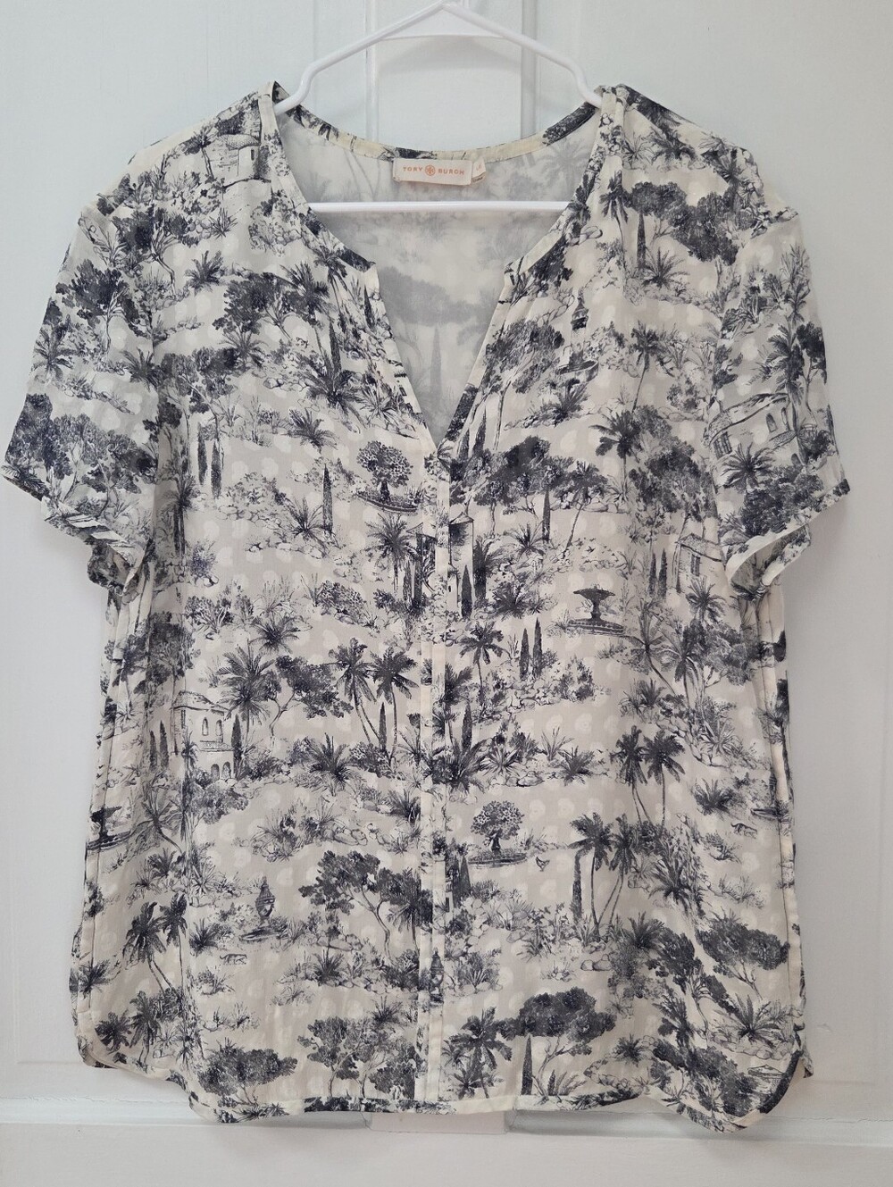 Tory Burch Tropical Toile Silk Short Sleeve Top L